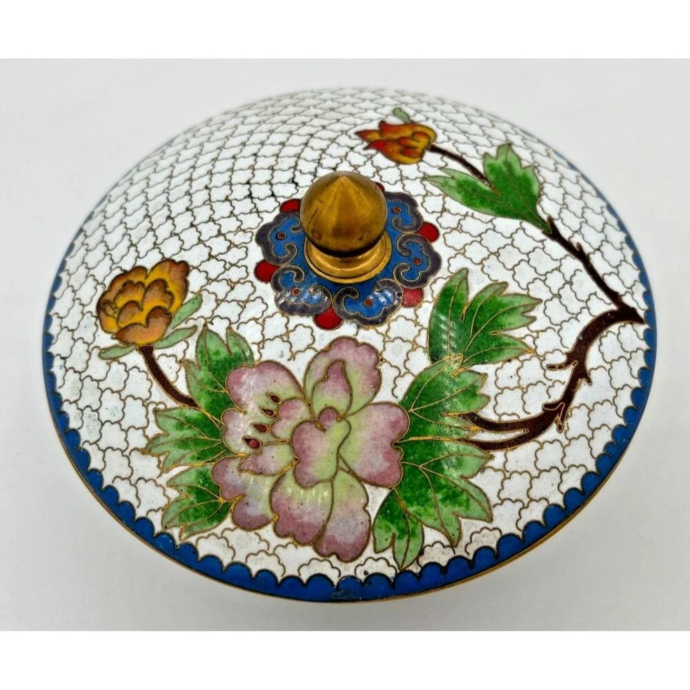 Vintage Chinese Cloisonné Enamel on Bronze Lidded Bowl Trinket Dish‎ Floral Teal